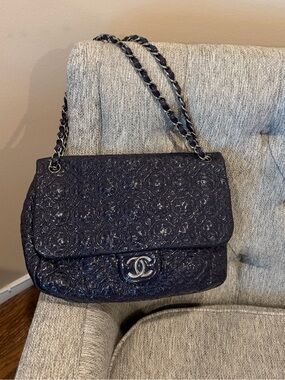 CHANEL Authentic Large Navy Blue Pattern Patent Leather Handbag